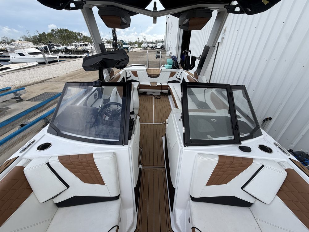 The wake boat cockpit and walkthrough, clean