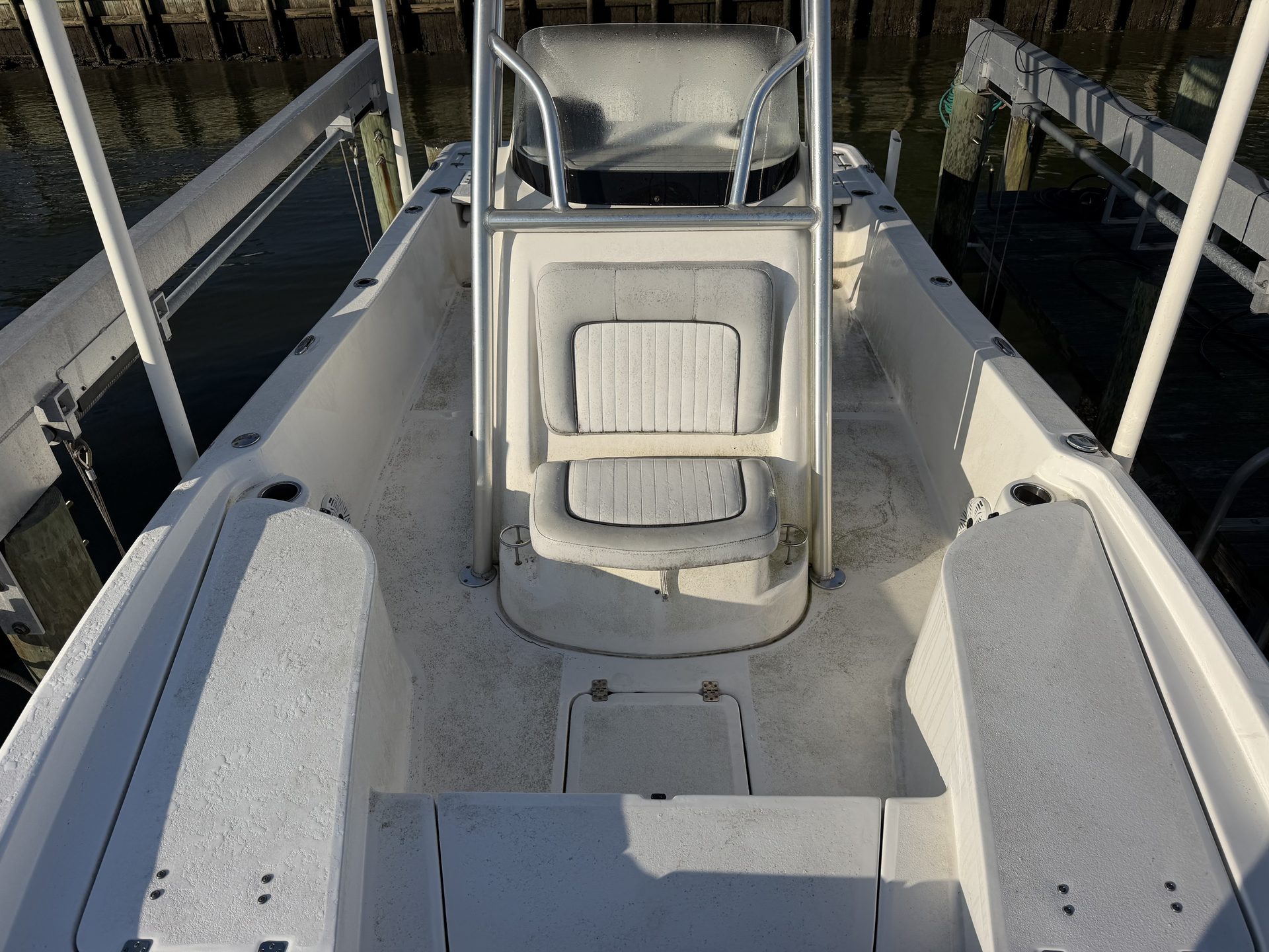 A center console on a lift, cockpit and leaning post clean